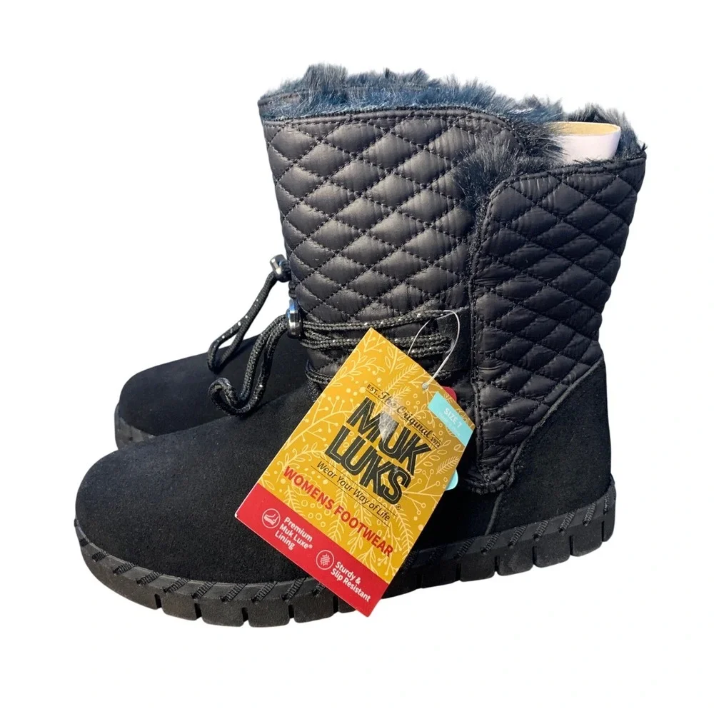 Muk‎ Luks Flexi Bridgehampton Black Quilted Suede Fur Lined Winter Boots Size 7